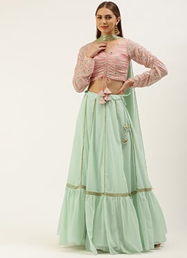 Pink N Mint Green Embroidered Lehenga Set