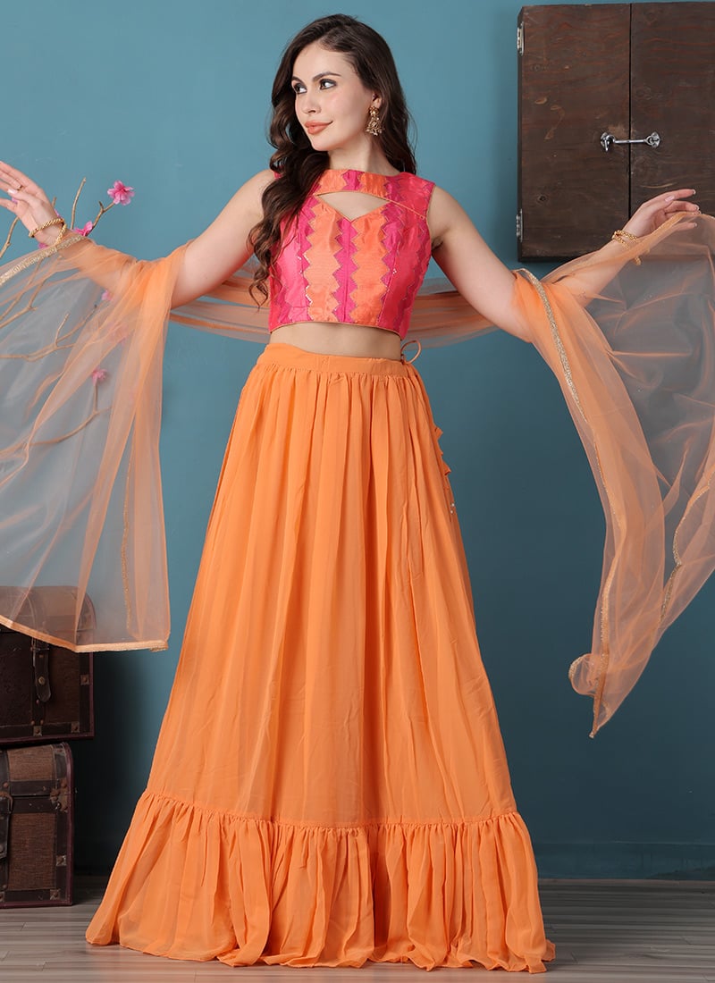 Pink N Multicolor Chinon Tiered Lehenga Festive Wear