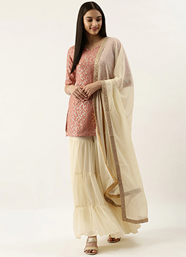 Pink N Off White Embroidered Sharara Suit