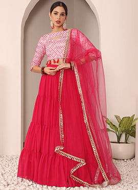 Pink N Off White Embroidered Tiered Lehenga Set