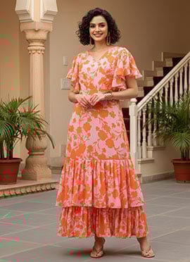 Pink N Orange Georgette Digital Printed Gown