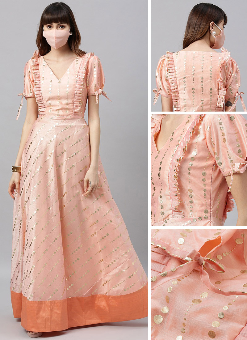 Pink N Peach Half Sleeves Gown Festive Wear
