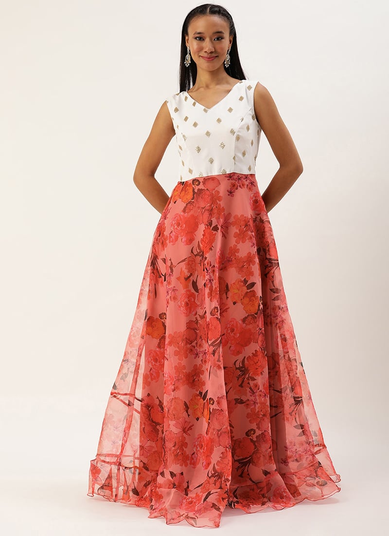 Pink N White Embroidered Floor Length Gown