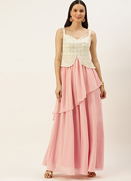 Pink N White Embroidered Georgette Gown