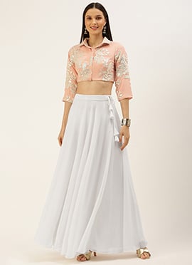 Pink N White Embroidered Collar Neck Blouse N Skirt Set