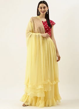 Pink N Yellow Embroidered Ruffles Lehenga Set