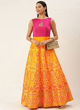 Teen Girls Pink N Yellow Jacquard Kali Style Gown
