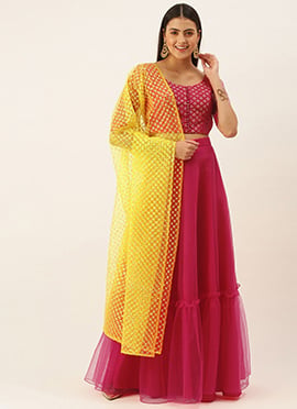 Pink N Yellow Lehenga Set With Embroidered Dupatta