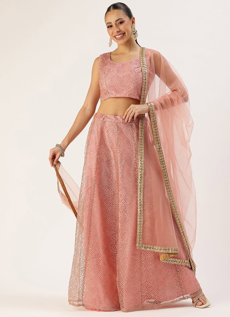 Pink Net Embroidered Kali Lehenga Festive Wear