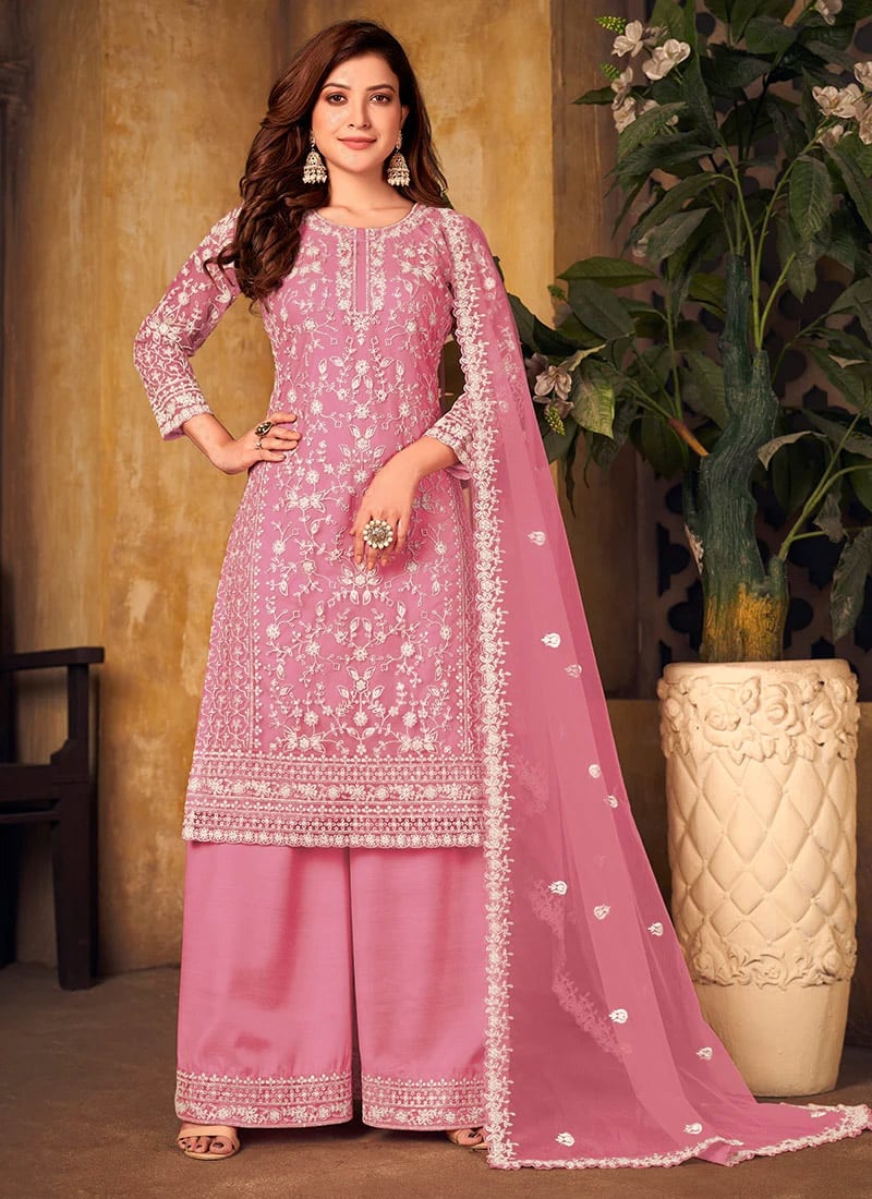 Pink Net Embroidered Palazzo Suit