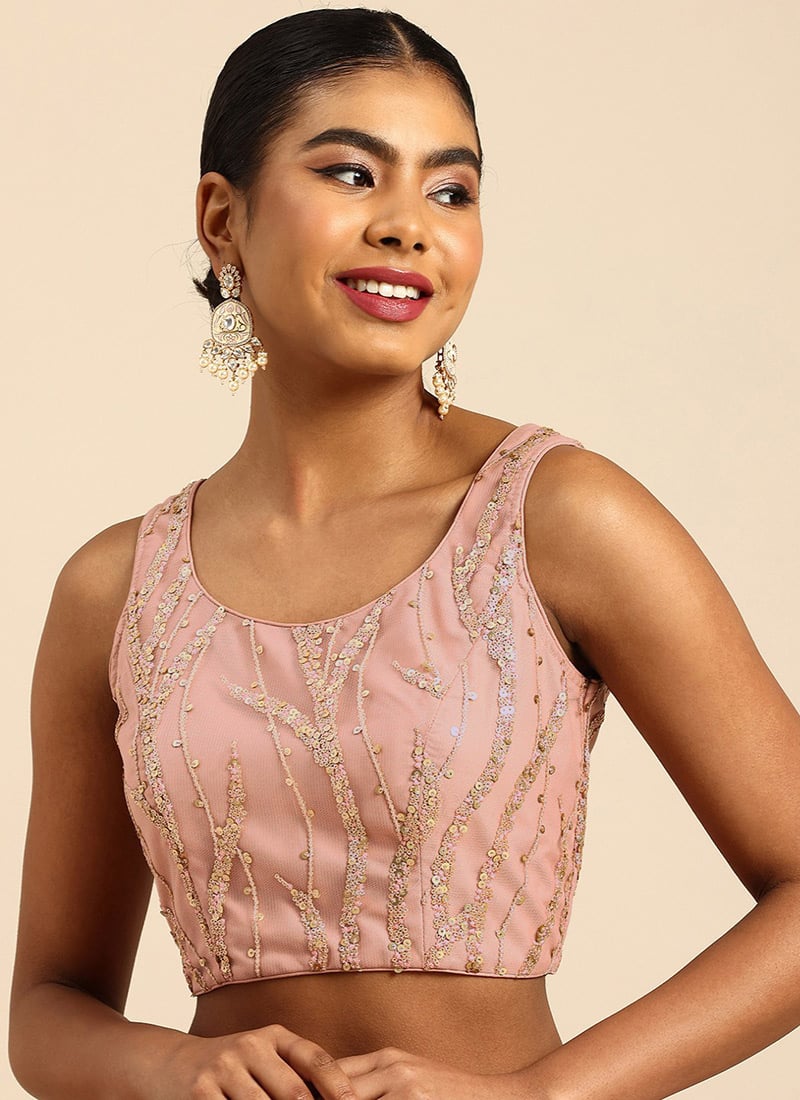 Pink Net Embroidered Sleeveless Blouse