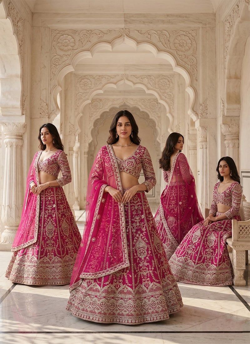 Pink Net Lehenga With Embroidery And Sequins Work Wedding Wear