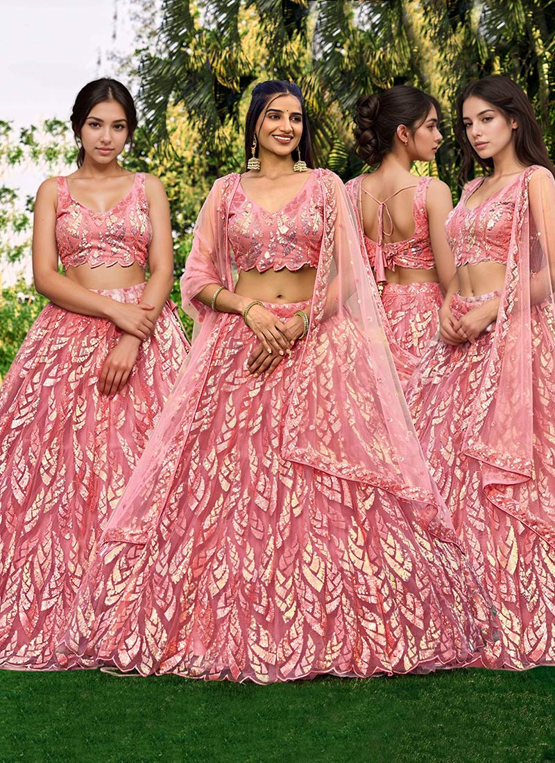 Pink Net Sequins Elegant Lehenga Choli And Dupatta For Sangeet Party Wear