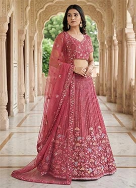 Pink Net Sequins Embroidered A Line Lehenga