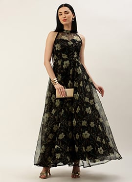 Black Organza Collar Halter Neck Gown