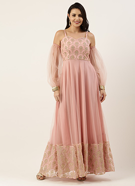 Pink Organza Detachable Sleeves Gown