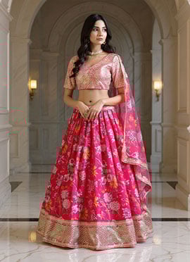 Pink Organza Digital Print Zari Sequins Umbrella Lehenga Wedding Wear