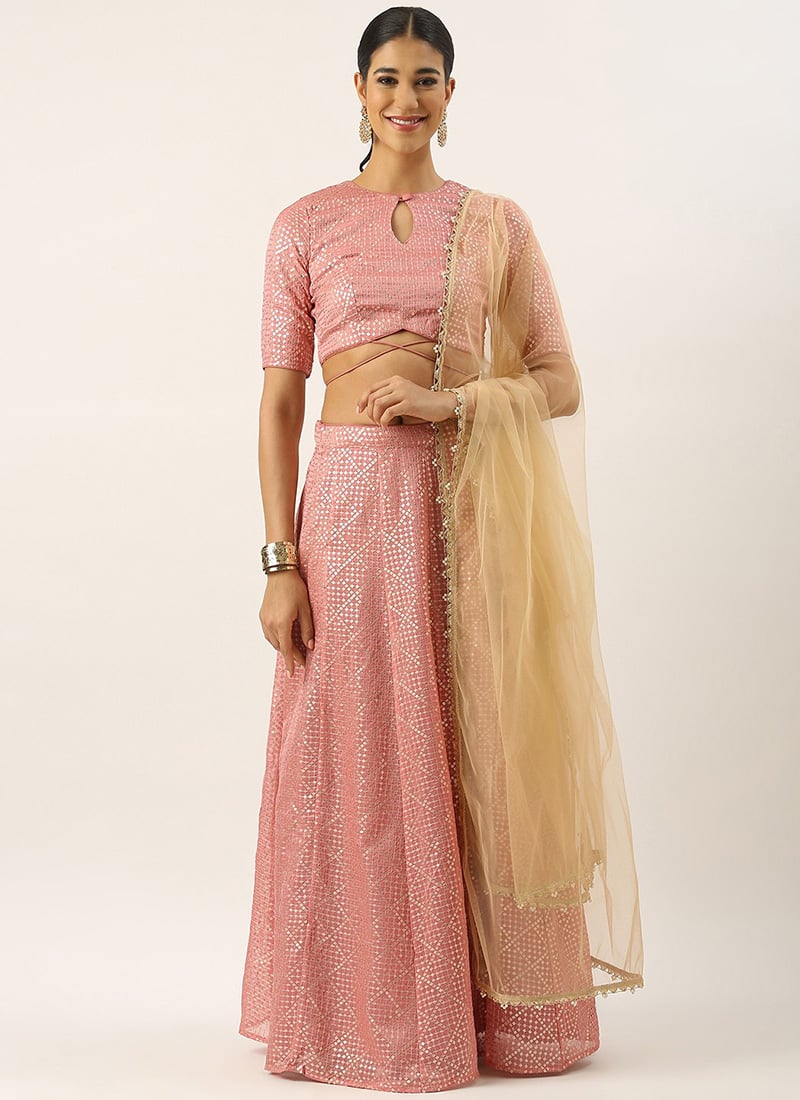 Teen Girls Pink Organza Embroidered Kali Lehenga Party Wear