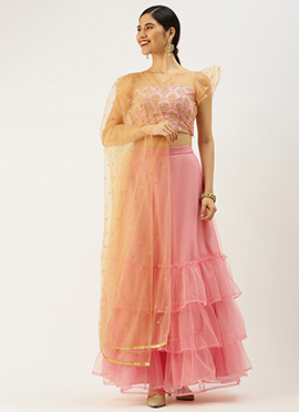 Pink Organza Embroidered Lehenga