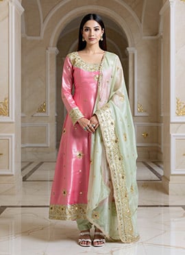 Pink Organza Embroidered Sequins Anarkali Suit