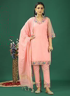 Pink Organza Embroidred Straight Pant Suit