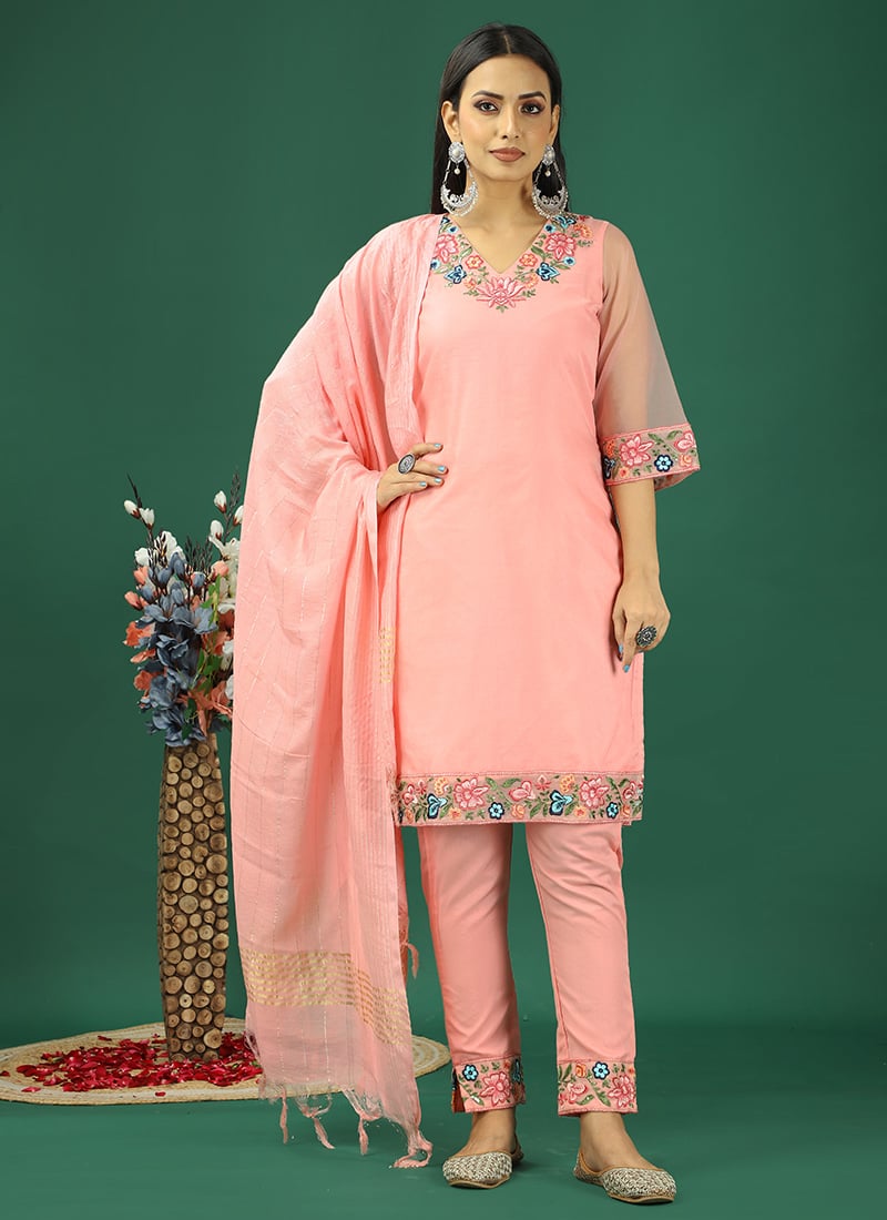 Teen Girls Pink Organza Embroidred Straight Pant Suit Festive Wear