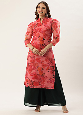 Pink Organza N Green Kurta Palazzo Set