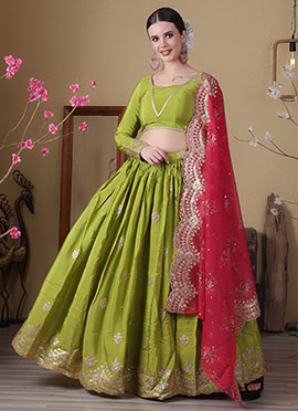 Pink Organza N Green Viscose Embroidered Lehenga