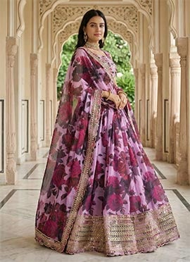 Pink Organza Sequins Zari Digital Print Embroidered Umbrella Lehenga