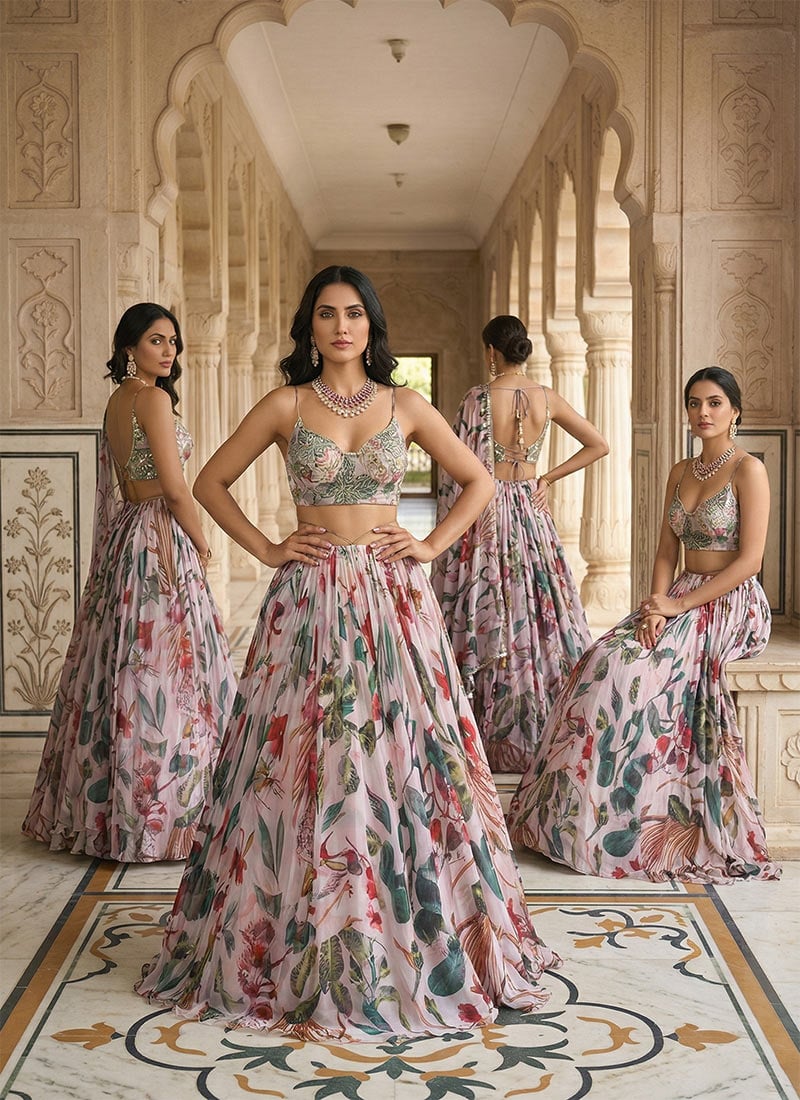Pink Organza Zari Hand Embroidered Sequins With mirror Work Lehenga Wedding Wear