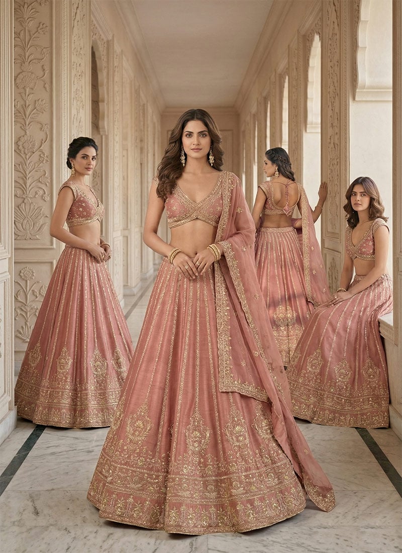 Pink Organza Zari Sequins Embroidered Umbrella Lehenga Wedding Wear