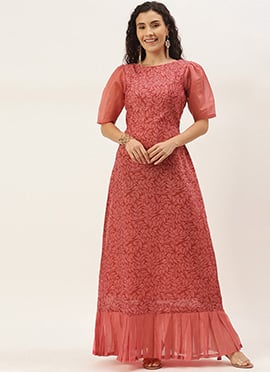 Teen Girls Pink Printed Box Pleated Ankle Length Gown