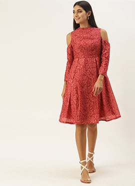 Teen Girls Pink Printed Cold Shoulder Style Dress