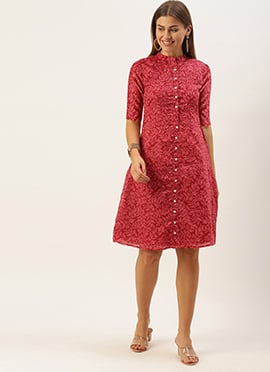 Teen Girls Pink Printed Cotton Collar Neck Dress