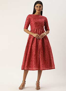 Teen Girls Pink Printed Cotton Gathered Calf Length Dress