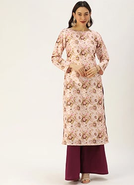 Pink Printed Top N Dark Purple Kurta Set