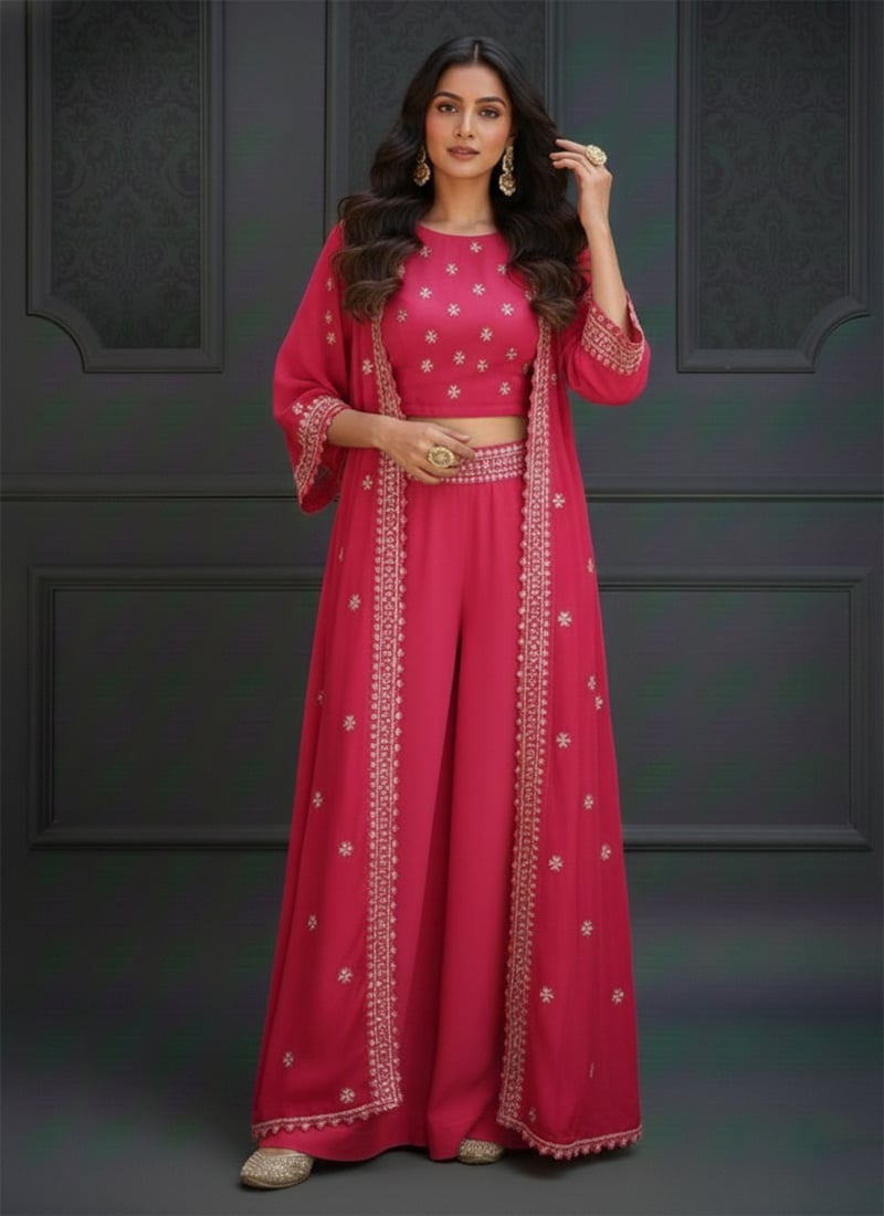 Pink Rangoli Georgette Zari Sequins Work Indowestern Jacket Skirt Set After Six Wear