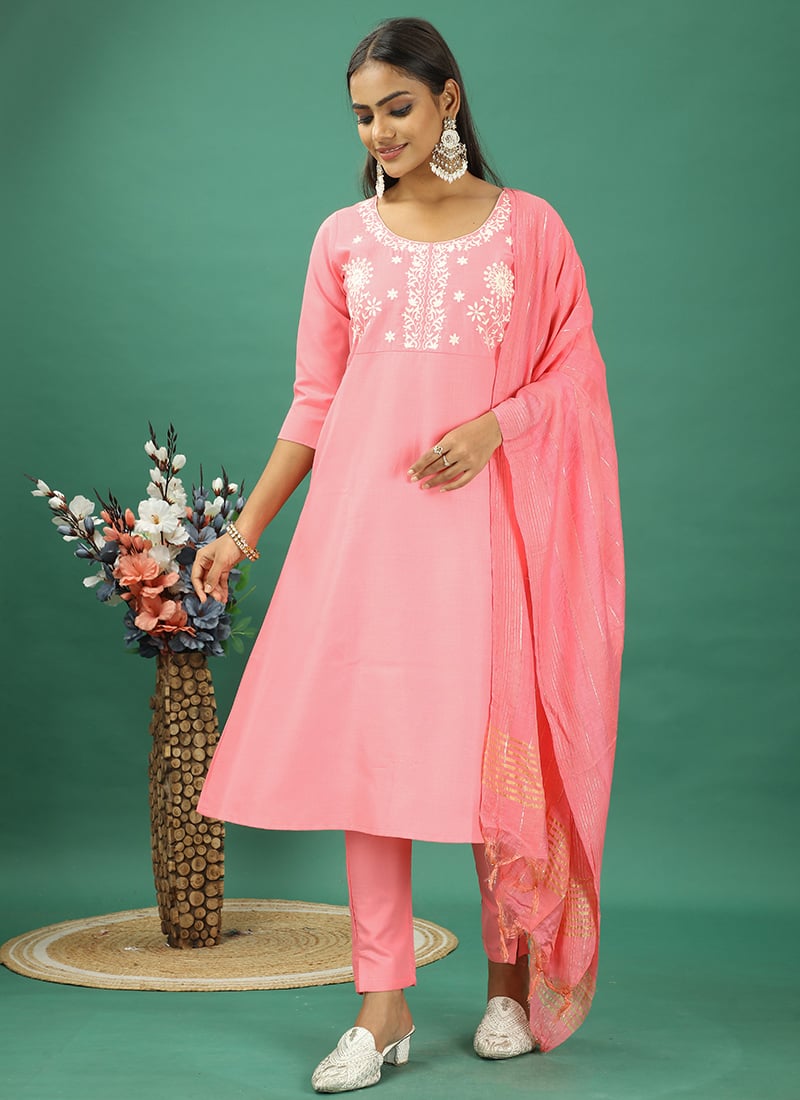 Teen Girls Pink Rayon Embroidered Narrow Straight Pant Suit Festive Wear