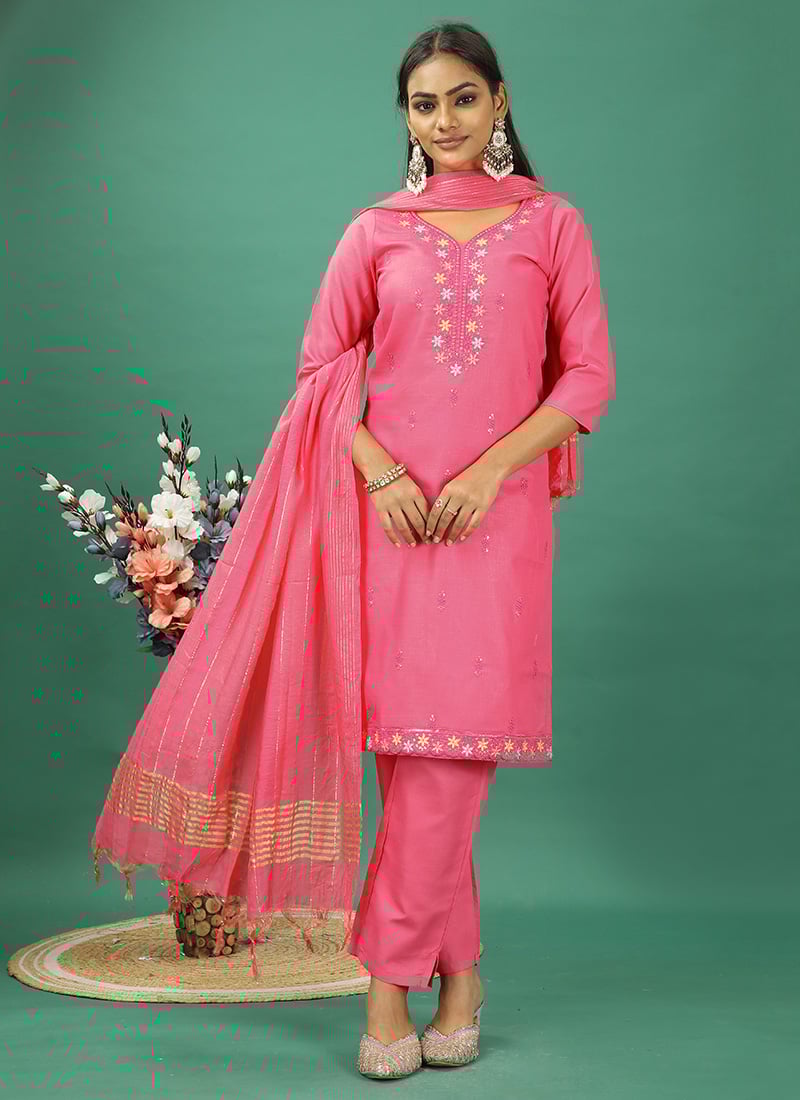 Teen Girls Pink Rayon Embroidered Straight Pant Suit Festive Wear