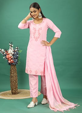 Pink Rayon Embroidered Straight Pant Suit