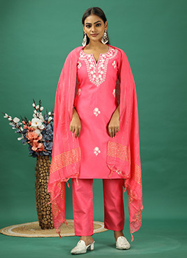 Pink Rayon Embroidered Straight Pant Suit