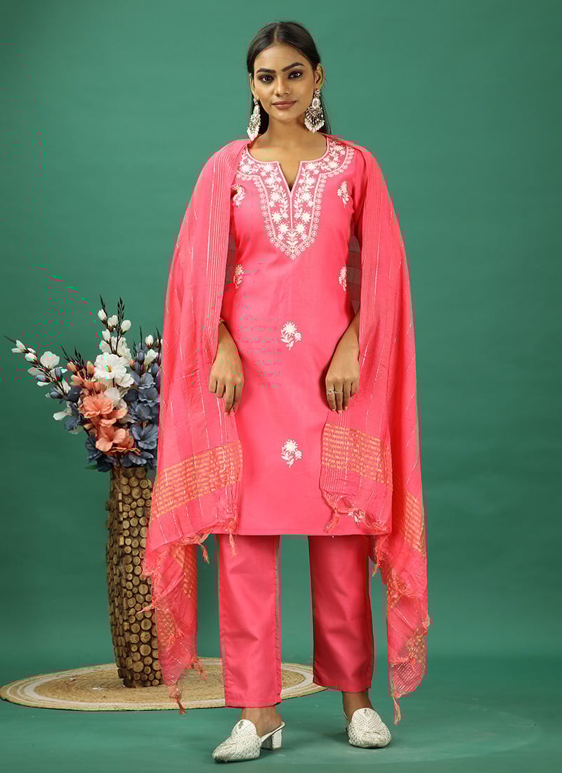 Teen Girls Pink Rayon Embroidered Straight Pant Suit Festive Wear