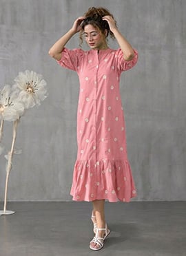Pink Rayon Floral Embroidered Midi Dress