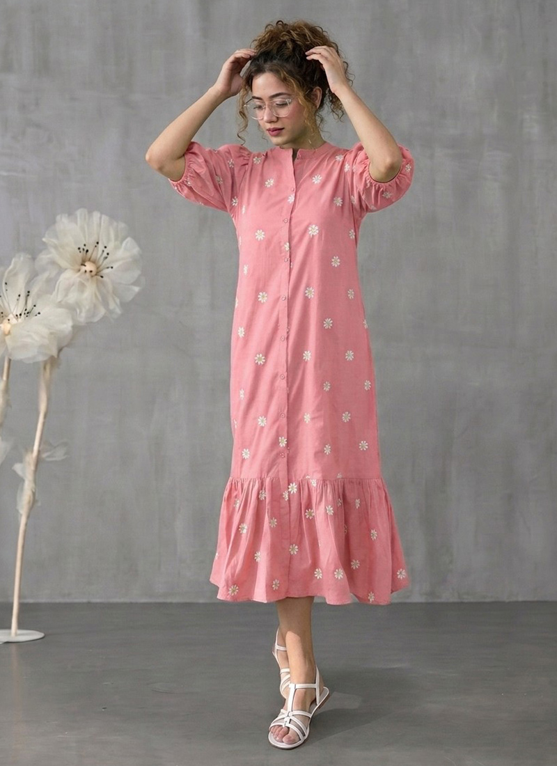Pink Rayon Floral Embroidered Midi Dress After Six Wear