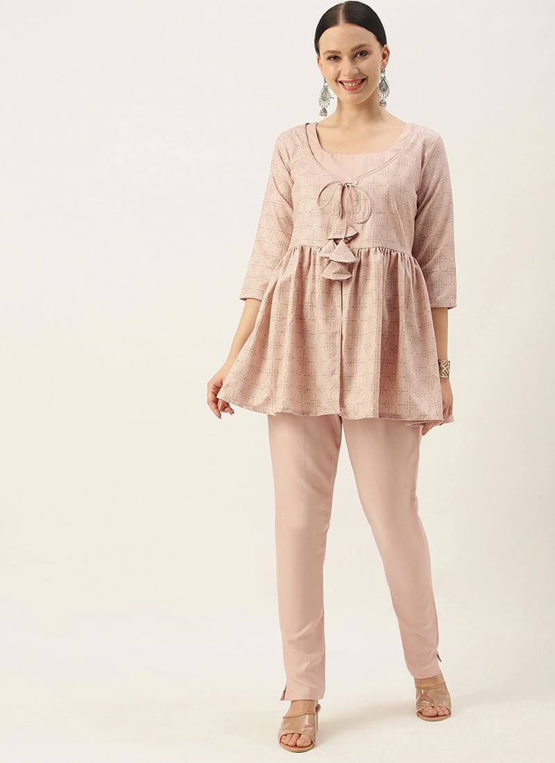 Pink Rayon Pant Blouse N Jacket Set Work Wear