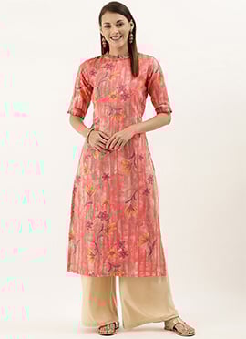 Teen Girls Pink Rayon Printed Closed Kurti