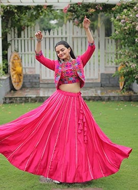 Pink Roman Silk Gota Indowestern Jacket And Skirt Set Festive Wear