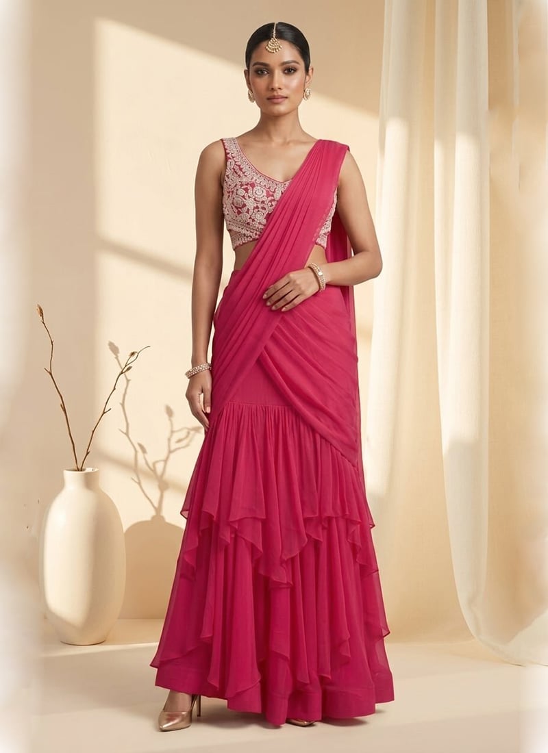 Pink Ruffle Lehenga Saree with Bead Embroidered Saree After Six Wear
