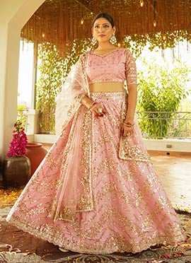 Pink Satin Blend Zari Embroidered Sequins Lehenga