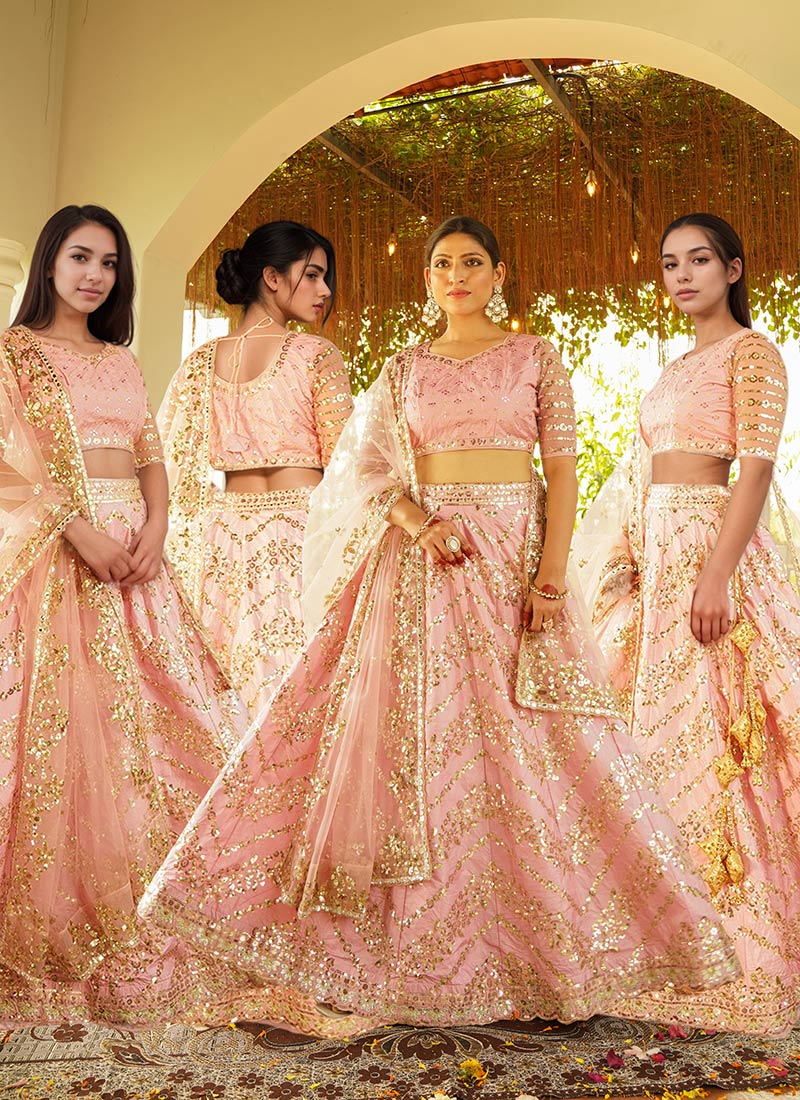 Pink Satin Blend Zari Embroidered Sequins Lehenga